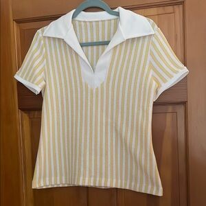 Vintage  Yellow and White Striped Women's Polo Top Cool Retro Shirt Small/ Med